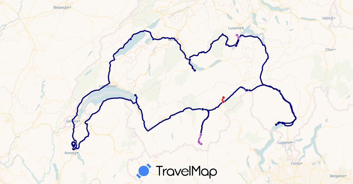 TravelMap itinerary: driving, train, téléphérique in Switzerland, France (Europe)
